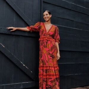 Farm Rio Croco Pink Maxi Dress Large NWT boho artsy formal